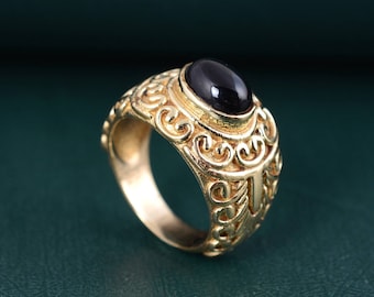 Vintage Brass Obsidian Ring: Gold Gemstone Protection Ring
