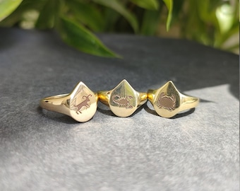 Brass Zodiac Signet Ring: Astrology Horoscope Jewelry
