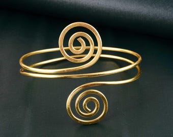 Gold Brass Spiral Arm Cuff: Minimalist Boho Armlet
