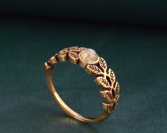 Handmade Brass Labradorite Ring: Floral Leaf Gemstone Ring