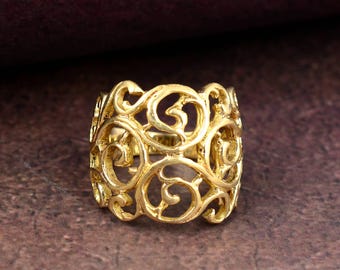 Gold Brass Filigree Flower Ring: Chunky Boho Floral Jewelry