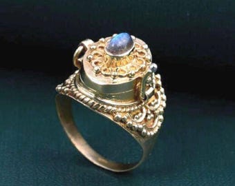 Anillo de veneno de latón labradorita, anillo de compartimento secreto