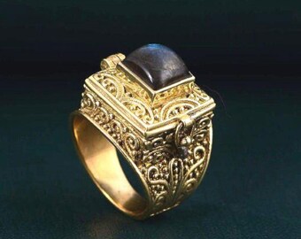 Anillo de veneno de labradorita de latón, pastillero étnico, estilo vintage