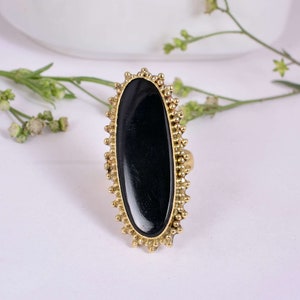 Handmade Brass Obsidian Ring: Minimalist Black Gemstone Jewelry