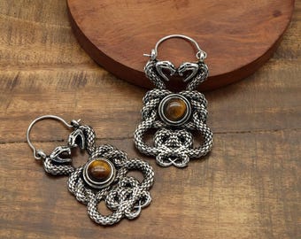 Pair of silver snake hoop earrings with a gemstone, Tiger Eye Multi Snake Earring
