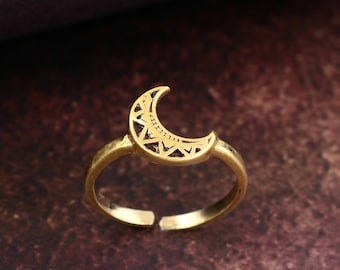 Brass Crescent Moon Ring: Adjustable Boho Stacking Ring