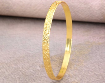 Gold Brass Bangles: Flower Design Stackable Bracelets