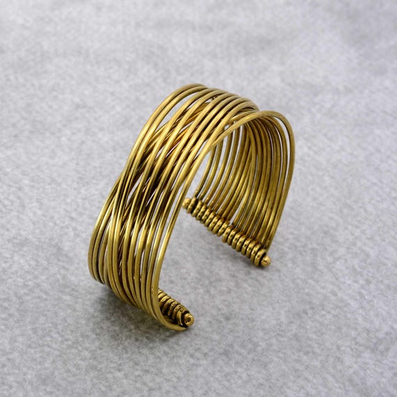 Handmade Brass Wire Wrapped Cuff Bracelet: Chunky Minimalist