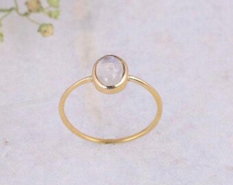 Dainty Moonstone Brass Ring: Minimalist Gold Stacking Ring