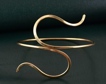 Gold Brass Snake Arm Cuff: Wire Wrapped Upper Armlet
