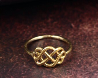 May include: A gold ring featuring a Celtic knot design. The ring is simple and elegant.
