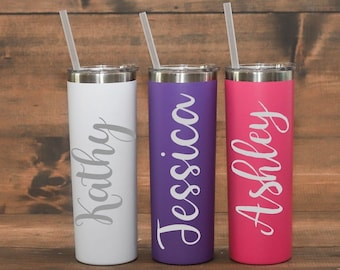 Personalized insulated Stainless Steel Skinny Tumbler Custom Etched Skinny Tumbler Christmas Gift Skinny Tumbler Engraved Gifts with Straw