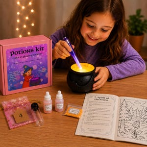 May include: A pink "Potions Kit" box with a witch illustration, a black cauldron with glowing liquid, and small bottles labelled "dragon blood" and "unicorn tears." A child is holding a glowing wand over the cauldron.