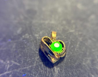 Uranium Glass Heart Pendant, Fluorescent Green Rhinestone, Gold Plated