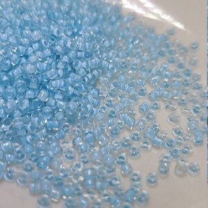 May include: A pile of small, light blue glass beads. The beads are round and have a slightly iridescent finish.