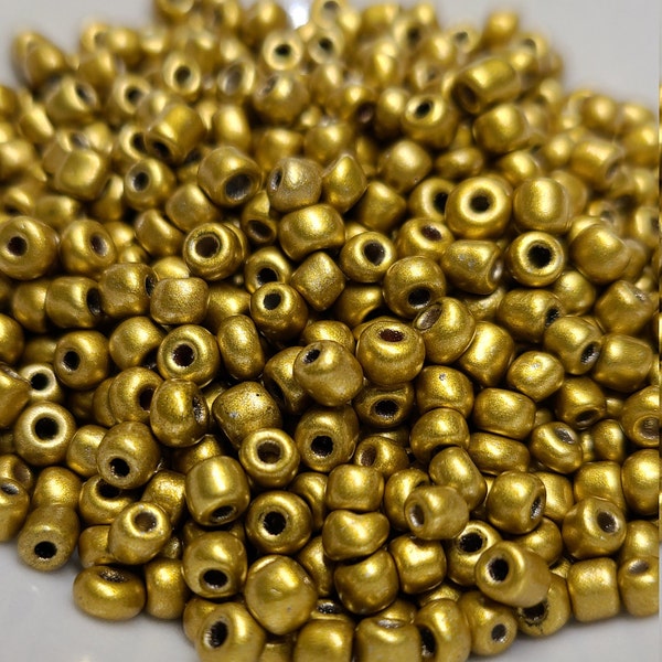 6/0 Satin Gold Color Coated Seed beads, 4mm Rocailles, 20 or 50 grams - Item Number 6069