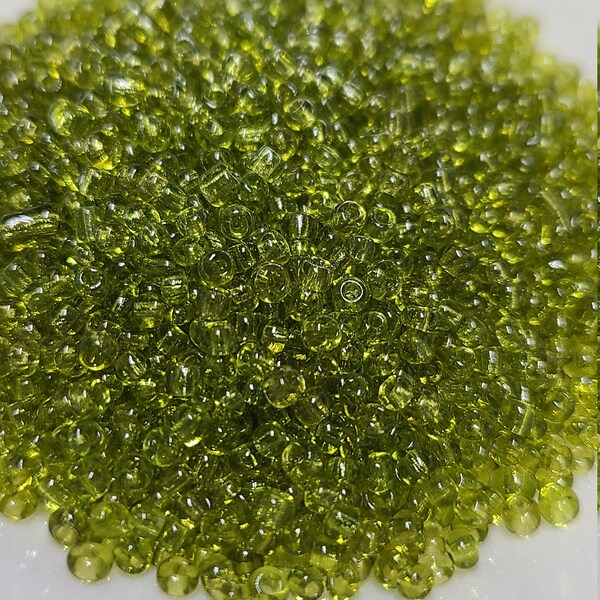 11/0 Transparent Dark Lime Green Seed Beads, 2mm Rocailles, 10 or 20g - Item Number 8732