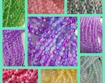 6mm Frosted Glass Beads, 9 colors, 12 inch strand
