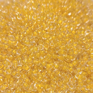 May include: A close-up image of a pile of small, transparent, yellow glass beads.