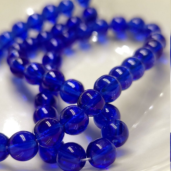 6mm Blue Glass Beads, 11 inch strand