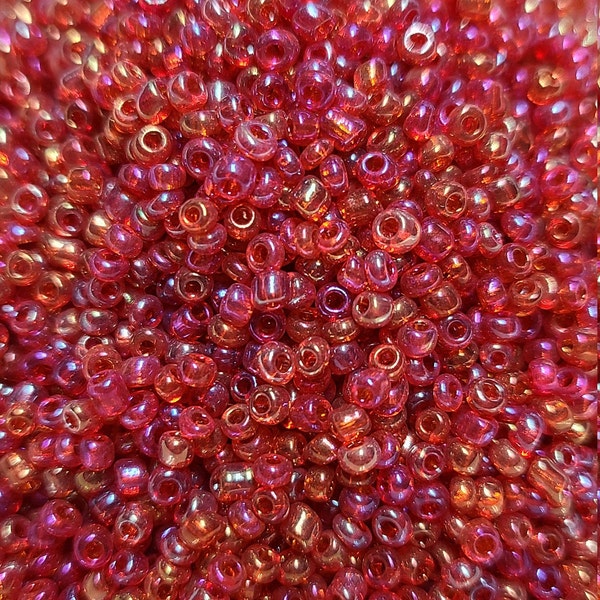 11/0 Transparent Rainbow Red Seed Beads, 2mm Rocailles, 10 or 20g - Item Number 8669