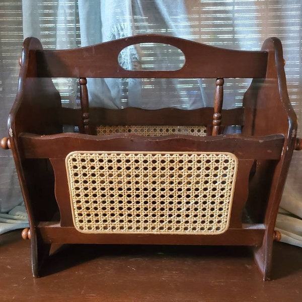 Vintage Jay Import Co Cane Wicker and Wood Magazine Rack. C-875.