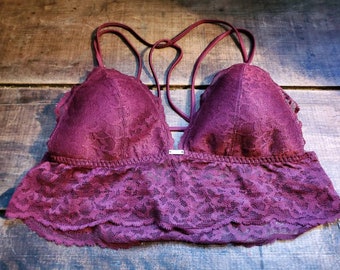 Victorias Secret PINK Burgundy Red Maroon Lace Sexy Bra Bralette Size Sm.  F-014 