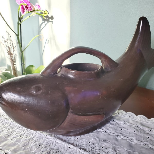 Vintage Fish Teapot Yixing? Handmade Brown Clay Pottery Unique Large 17” D-273