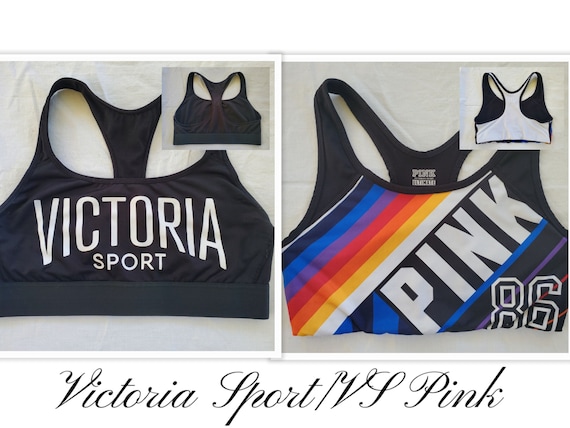 Lot of 2 Victoria's Secret PINK Ultimate Sports Bras. Black/color Stripes  F-139 