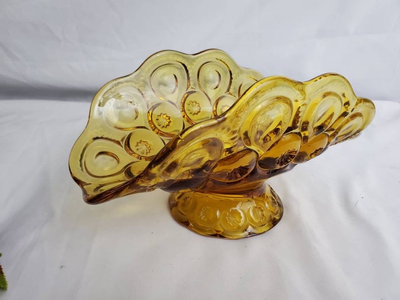 LE Smith Glass Moon and Star Banana Stand bowl Amber Vintage Footed 1940\u2019s B-247
