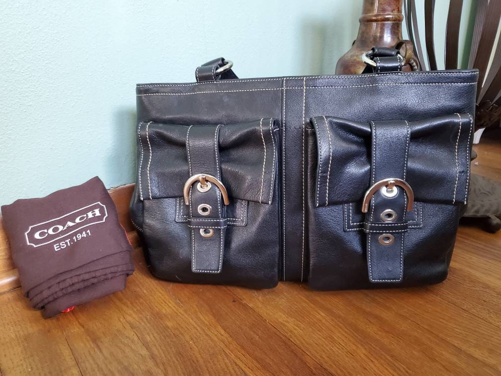 Coach black leather buckle handbag shoulder bag purse vintage tote bag #621