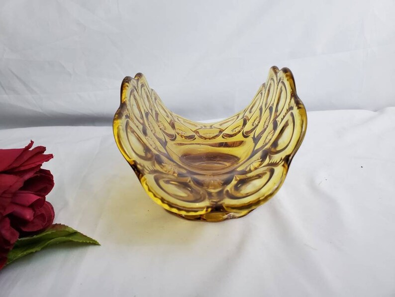 LE Smith Glass Moon and Star Banana Stand bowl Amber Vintage Footed 1940\u2019s B-247