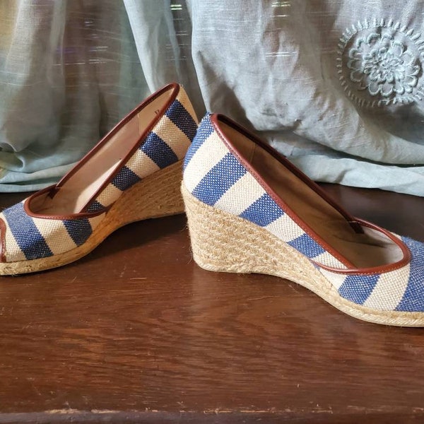 G.H.Bass & Co Kate Women's Blue Beige Striped Jute Wedge 8M. F-002.