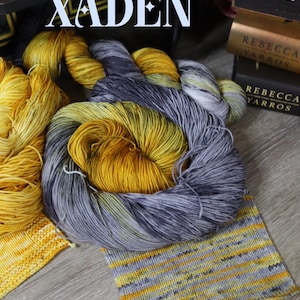 May include: A skein of hand-dyed yarn in shades of yellow and gray, with a knitted swatch. The word "XADEN" is displayed in white, stylized text. Books are visible in the background.