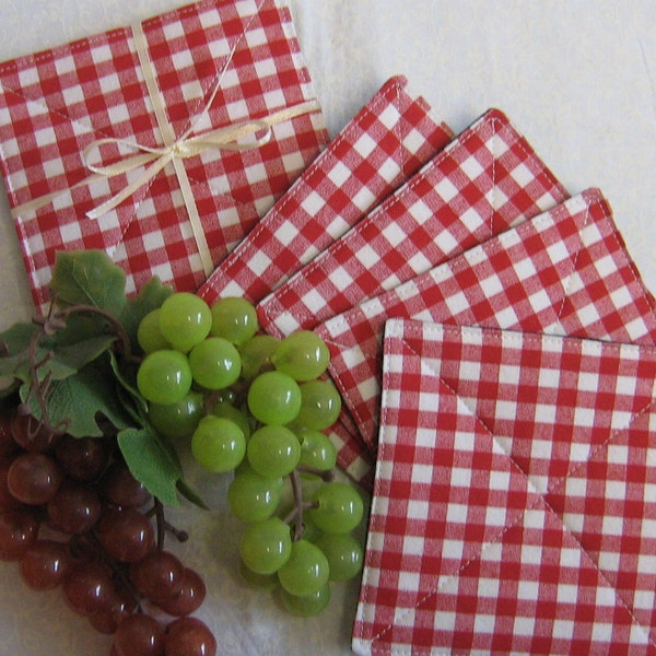 Red Gingham Coasters, Set of Four Coasters, Fabric Insulated Coasters, Reversible Fabric Gingham Coasters, Country Style Coasters, Cup Mats