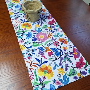 Peut inclure: Un chemin de table blanc avec un motif floral coloré. Le chemin de table présente une variété de fleurs dans des tons de rose, jaune, bleu, orange et vert. Le chemin de table est sur une table en bois avec un petit pot en terre cuite.