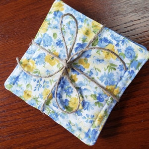 Floral Blue Coasters Set, Reversible Cotton Fabric