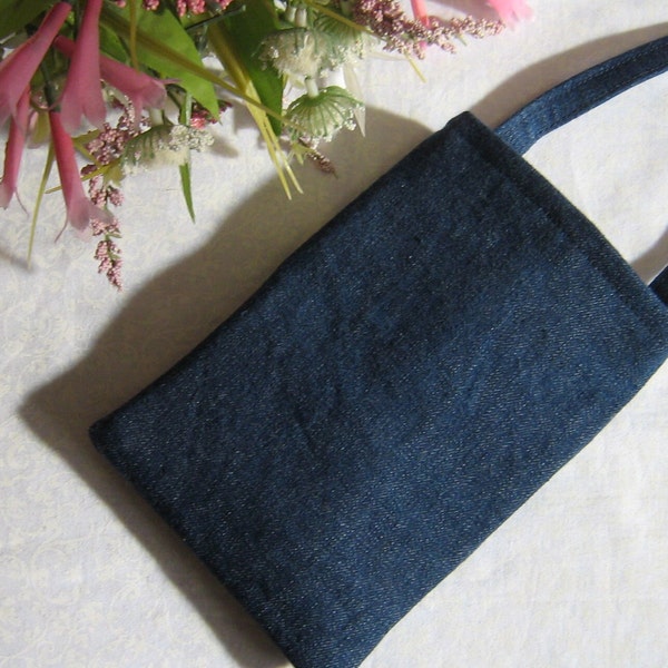 Minimalist Blue Denim Handy Neck Pouch, Cell Phone Neck Pouch, Minimalist Hands Free Neck Pouch, Necklace Carryall, Basic Neck Pouch