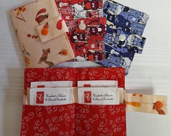 Four Pocket Squirrel Teabag Wallet, Cats Travel Pouch, Cotton Fabric Snap Closure