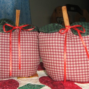 May include: Two apple-shaped fabric decorations. The apples are made of red and white checked fabric, with green leaf accents and cinnamon stick stems. Each apple is tied with a red ribbon. They are placed on a table runner.
