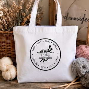 Knitting Project Bag | Pray Knit Purl Repeat Custom Tote Bag | Personalized Gift for Knitters | Custom Tote | Yarn Bag | Knitting Bag