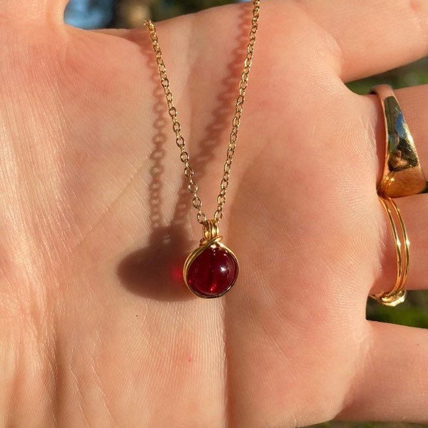 Garnet Necklace, Garnet Wrapped Pendant, Garnet Jewelry, Crystal Necklaces | Gold Filled Chain Necklace