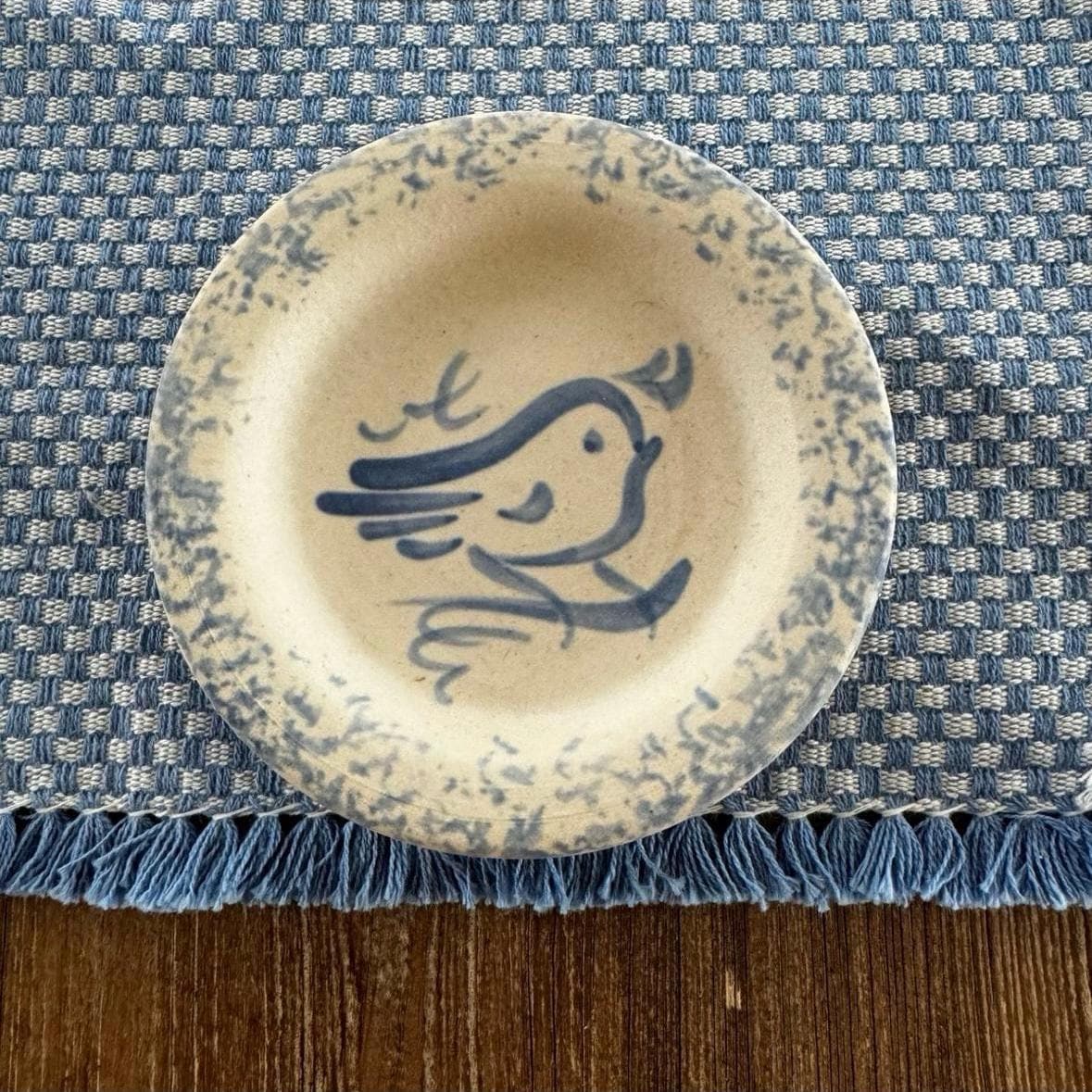 英国ヴィンテージ　RyePottery窯 Wally Cole作　ブルー鳥OV皿 ROWE POTTERY! Pleasant Company Stamped American Girl Doll