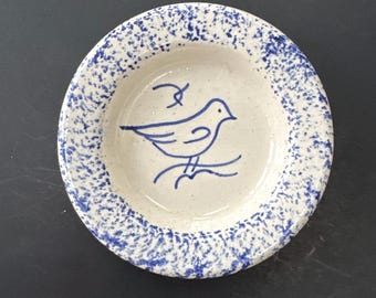 英国ヴィンテージ　RyePottery窯 Wally Cole作　ブルー鳥OV皿 ROWE POTTERY! Pleasant Company Stamped American Girl Doll