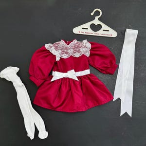 Pleasant Company tagged American Girl Doll Samantha’s Cranberry Dress Christmas outfit white hair ribbon tights hanger set