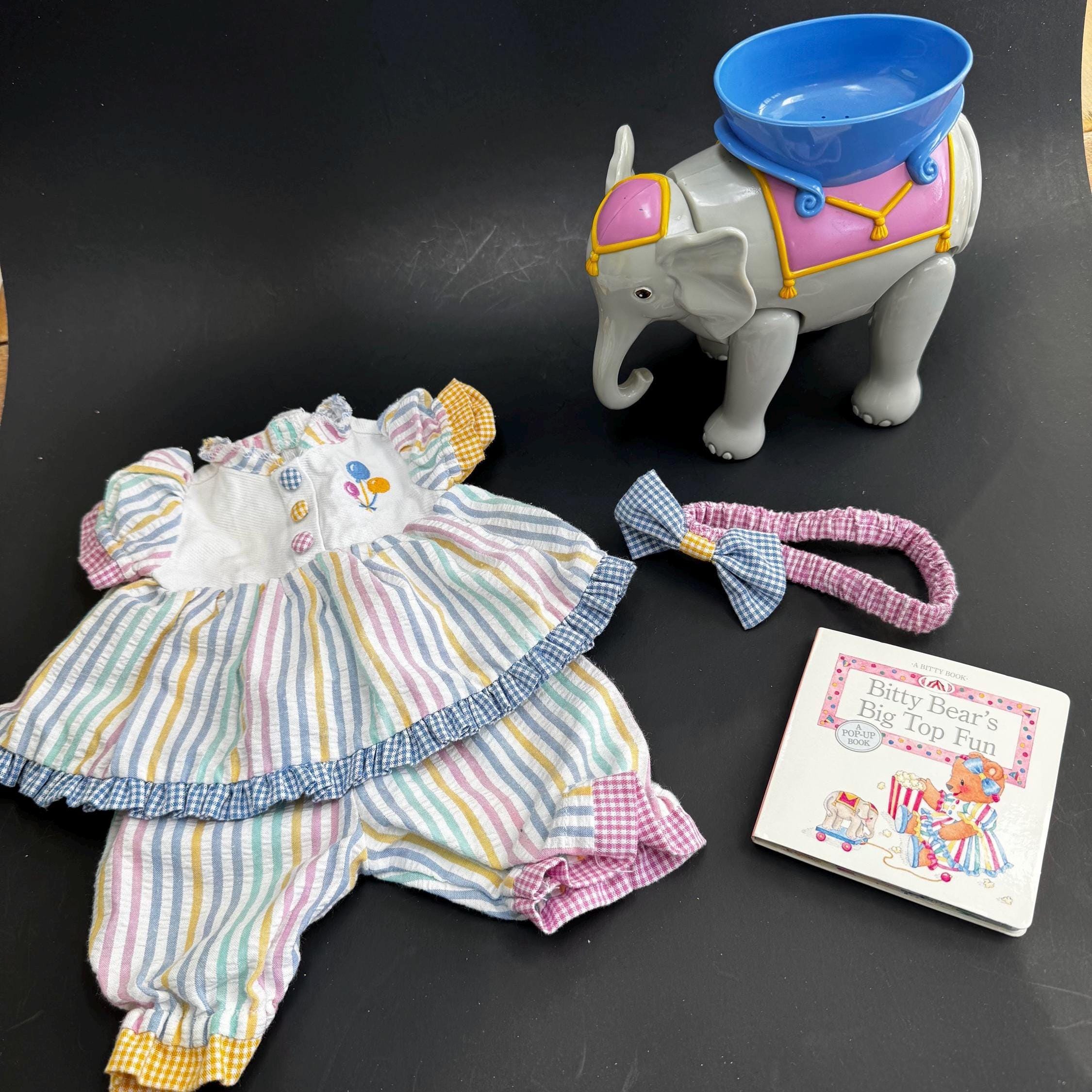 Pleasant Company American Girl Doll Bitty Baby Circus Set 1999 incomplete striped outfit dress bloomers book headband Tiny Elephant works!