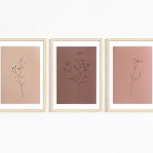 Set of 3 Small Wildflower Line Art Prints, Neutral Botanical Minimalist Flower Wall Home Decor Blush Pink Apartment Decor
