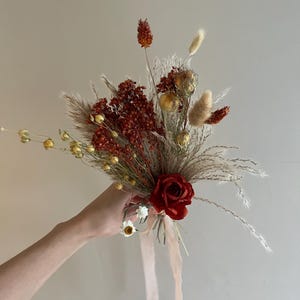 Burnt Orange Brown Red Natural Dried  Flower Arrangement, Autumn Preserved Floral Bouquet, Fall Decor, Bridal Bouquet Dried