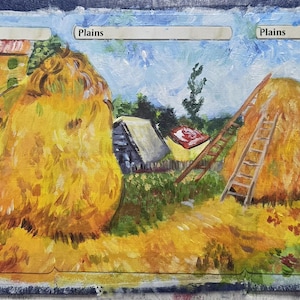 May include: An impressionistic painting of a rural landscape featuring two large haystacks, a ladder, and several buildings. The artwork is dominated by warm yellows and oranges, with hints of green and blue.