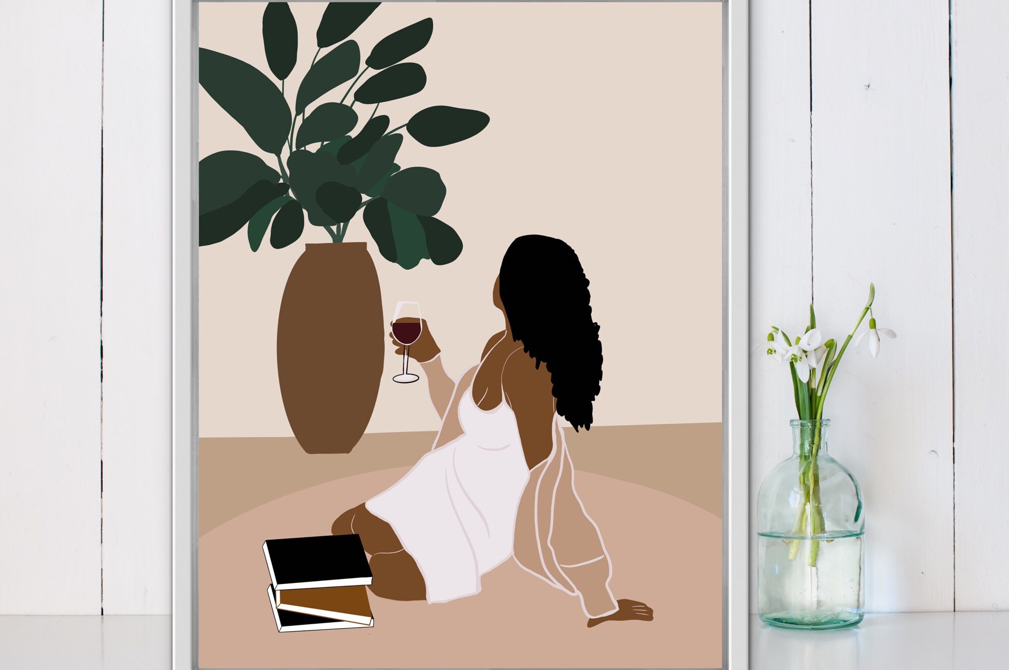 Black woman with wine girl with book art Afro woman art Etsy